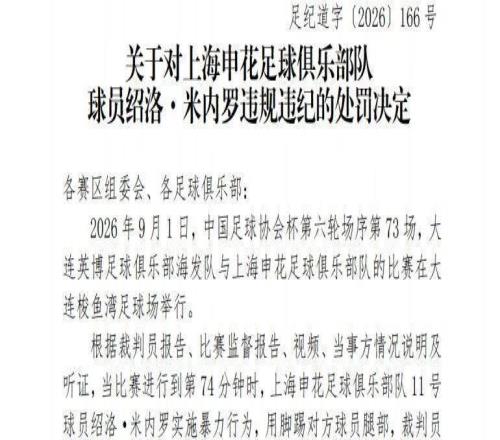 足协官方:申花外援米内罗禁赛三场