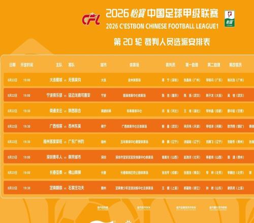 本轮中甲裁判:恒宸vs苏州、梅州vs广州豹、亚泰vs佛山启用VAR