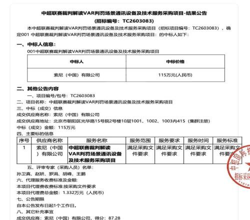 官方：索尼中标中超裁判解读VAR判罚场景通讯设备及技术服务