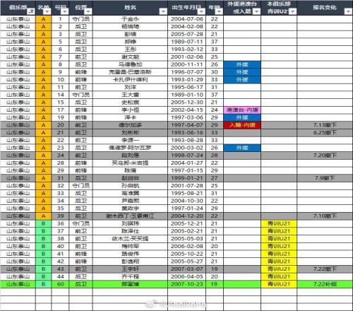 泰山队最新名单，一线队6人离队补报19岁新星，B队补强两人