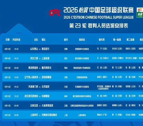 中超23轮裁判安排出炉马宁主哨齐鲁德比
