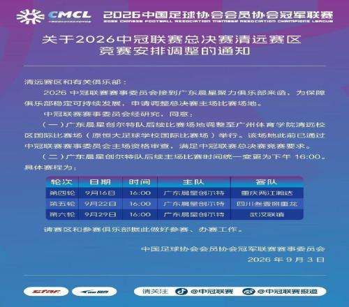 官方：中冠广东晨星主场调整到广体清远校区，系原恒大足校